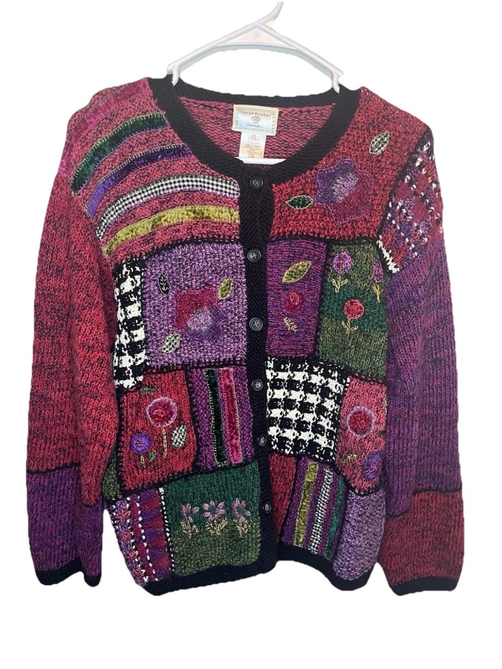 Susan Bristol Women's Hand Knit Embroidered Floral Cardigan Sweater Size XL VTG